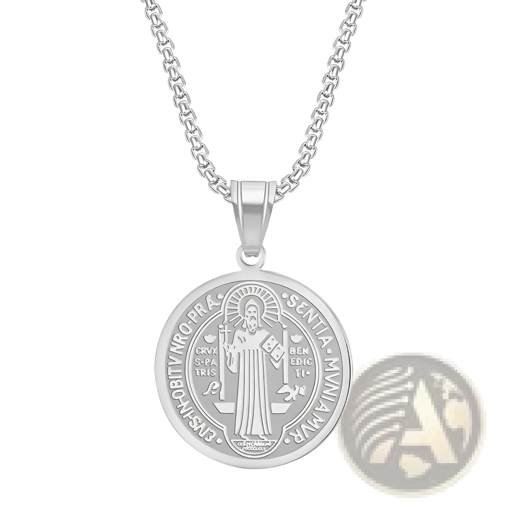Silver Saint Benedict medal pendant in stainless steel on a matching chain for a religious necklace