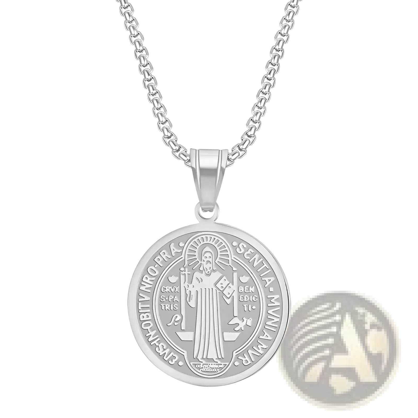 Silver Saint Benedict medal pendant in stainless steel on a matching chain for a religious necklace
