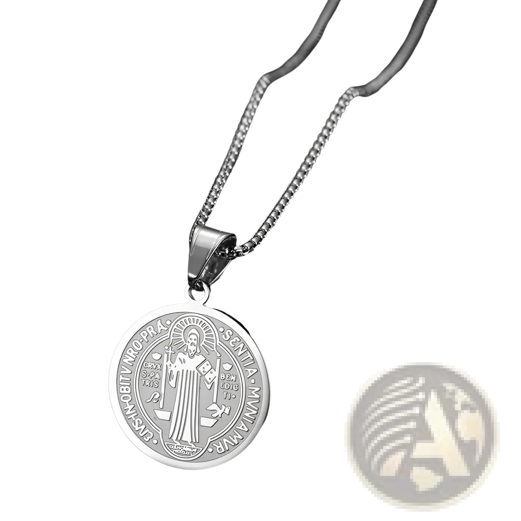 Stainless steel saint benedict medal pendant necklace with silver engraved religious figure and latin inscription on a fine chain