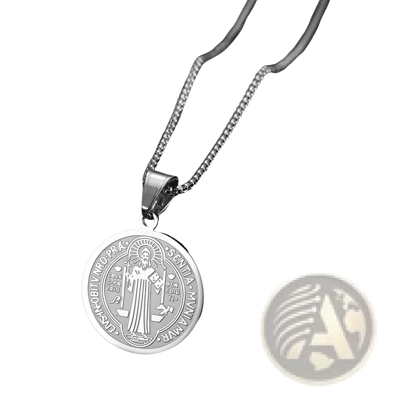 Stainless steel saint benedict medal pendant necklace with silver engraved religious figure and latin inscription on a fine chain