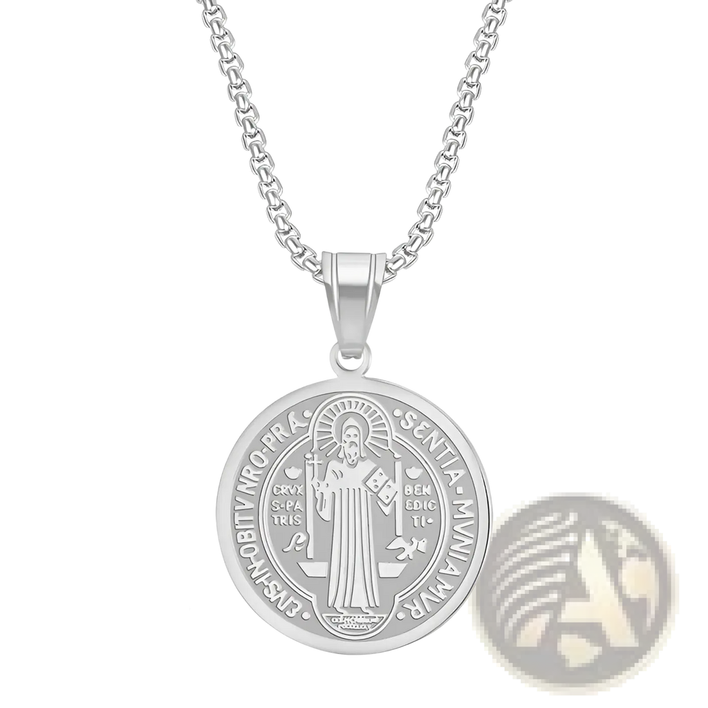 Stainless steel saint benedict medal pendant necklace in silver with engraved religious imagery and latin inscriptions on chain