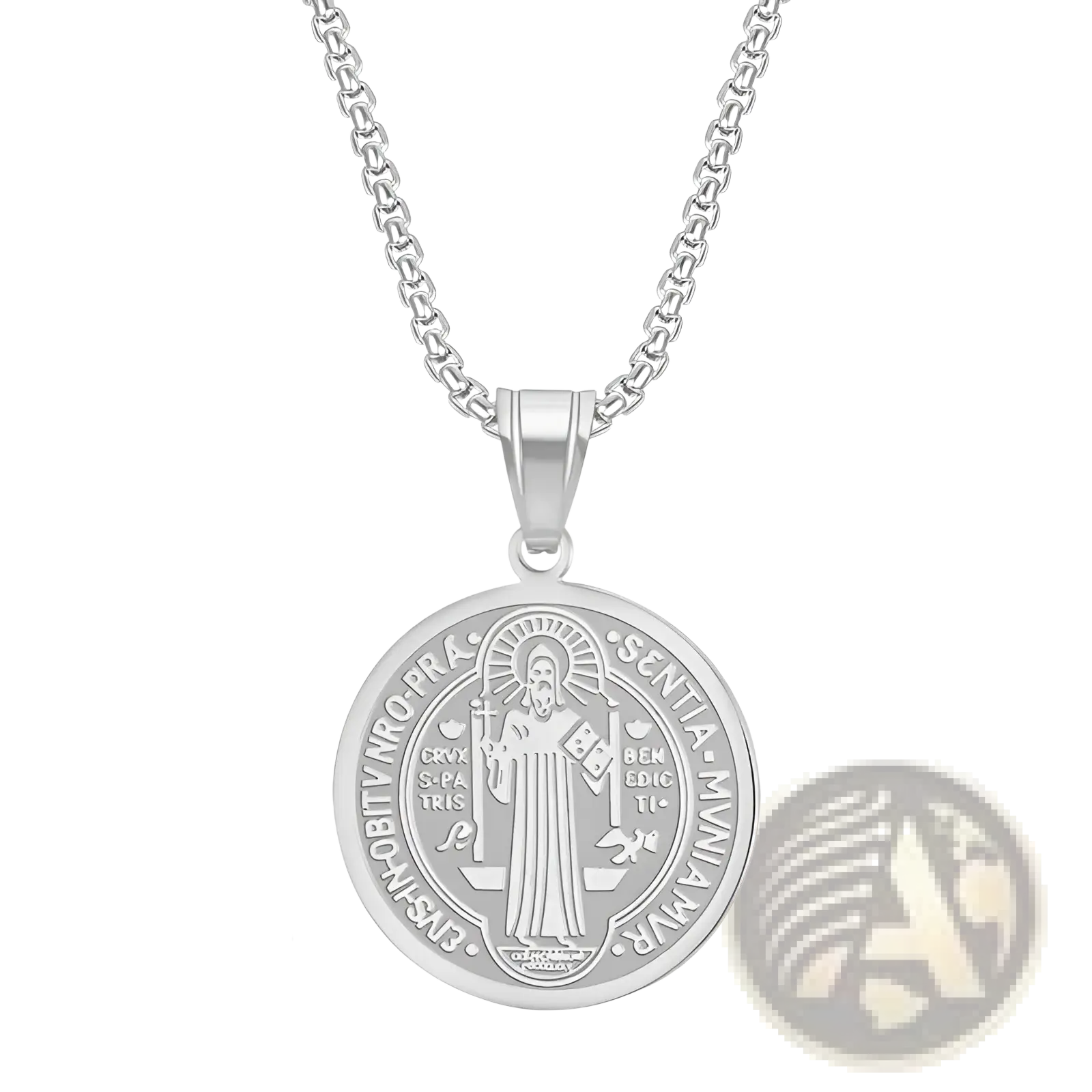 Stainless steel saint benedict medal pendant necklace in silver with engraved religious imagery and latin inscriptions on chain