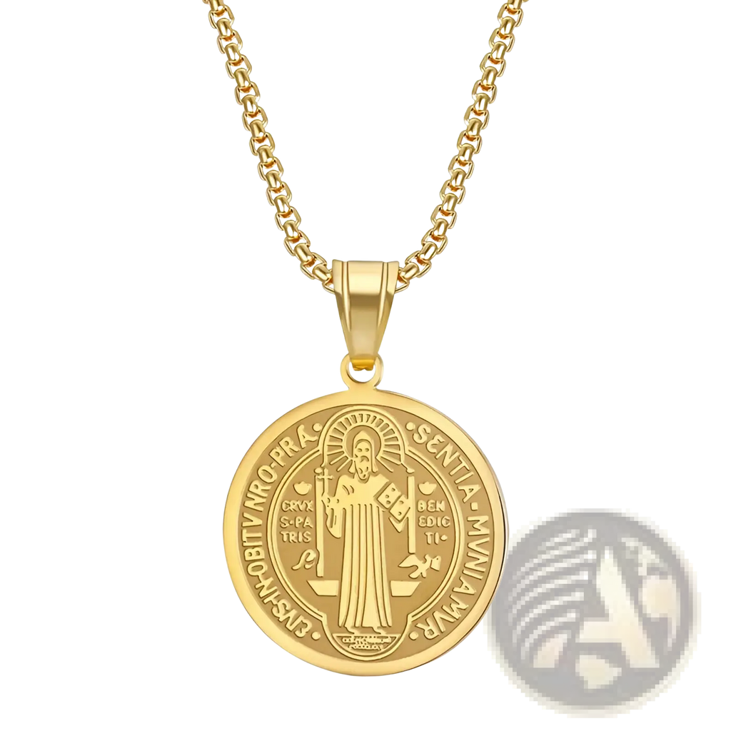 Gold-toned stainless steel Saint Benedict medal pendant necklace with matching chain for religious wear