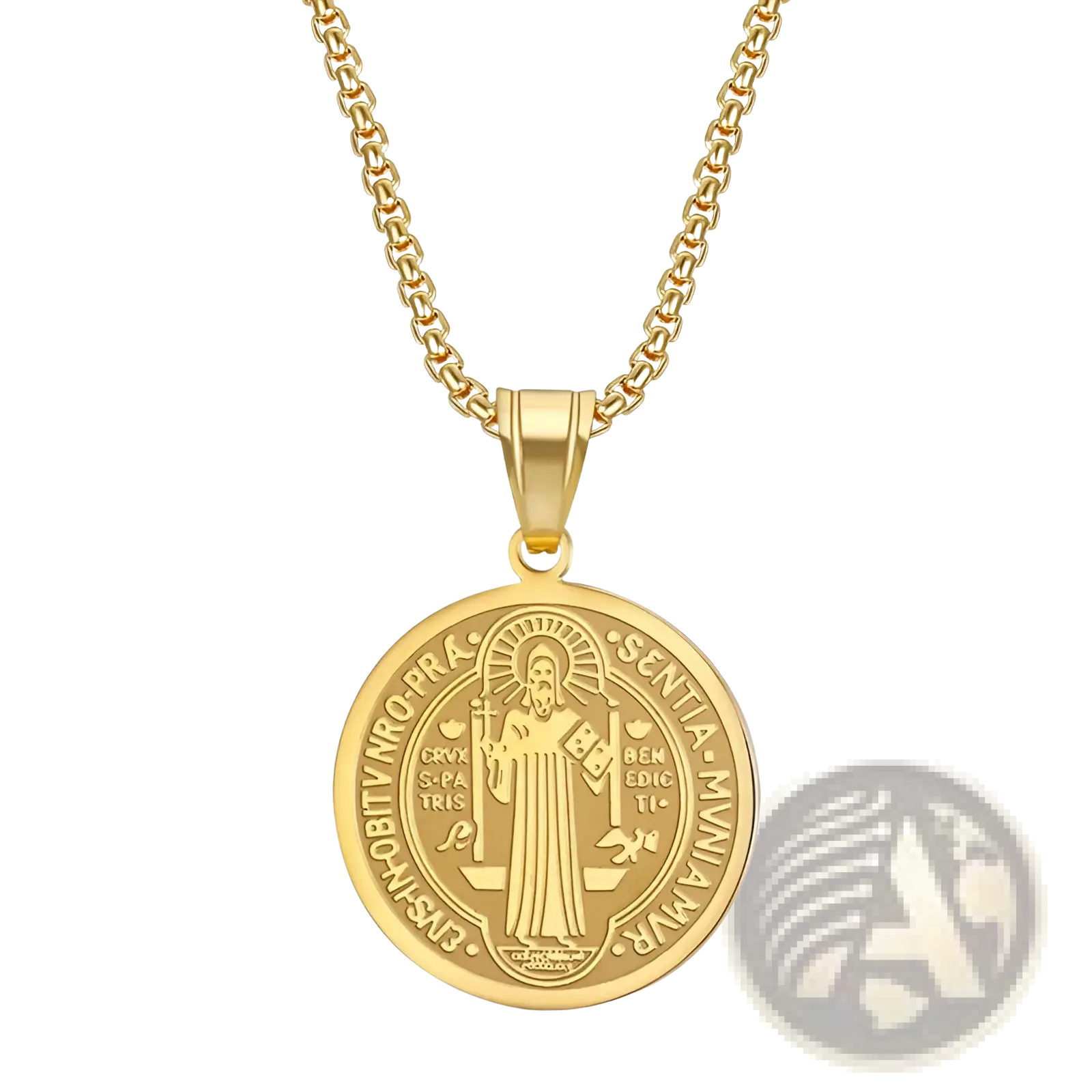 Gold-toned stainless steel Saint Benedict medal pendant necklace with matching chain for religious wear