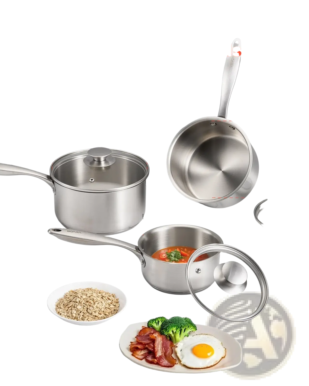 Set of three stainless steel saucepans with lids featuring a sleek metallic finish and clear glass lids for induction cooking