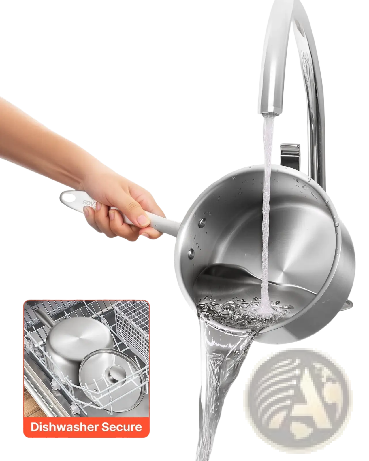 Stainless steel saucepan with gray handle and riveted lid from a 3 piece induction ready saucepan set