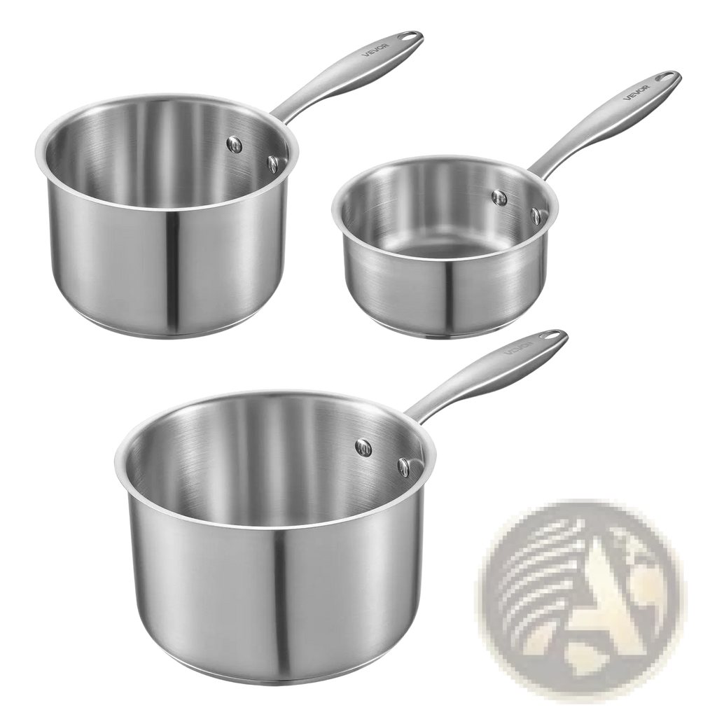 Set of three polished stainless steel saucepans with vison engraving induction ready for versatile cooking