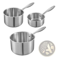 Set of three polished stainless steel saucepans with vison engraving induction ready for versatile cooking