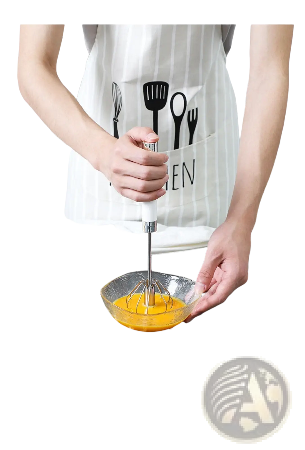 White and black striped apron with kitchen utensil graphics paired with stainless steel semi automatic rotating egg beater whisk