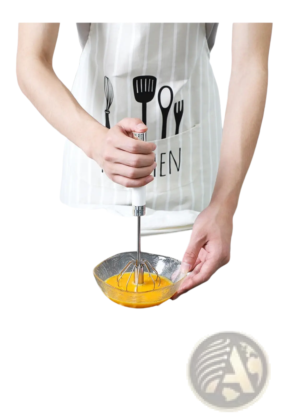 White and black striped apron with kitchen utensil graphics paired with stainless steel semi automatic rotating egg beater whisk