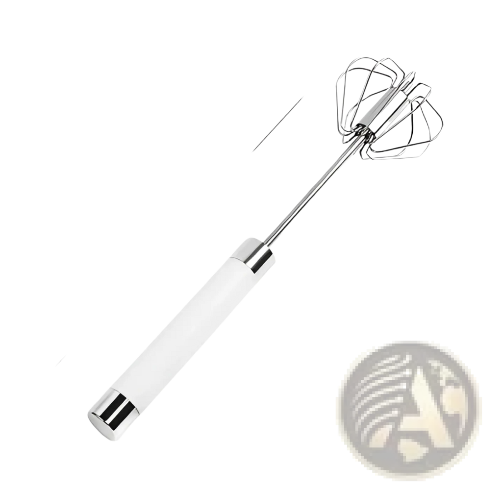 Stainless steel semi automatic rotating egg beater whisk with frosted white handle and chrome wire whisk head, 27.5cm long