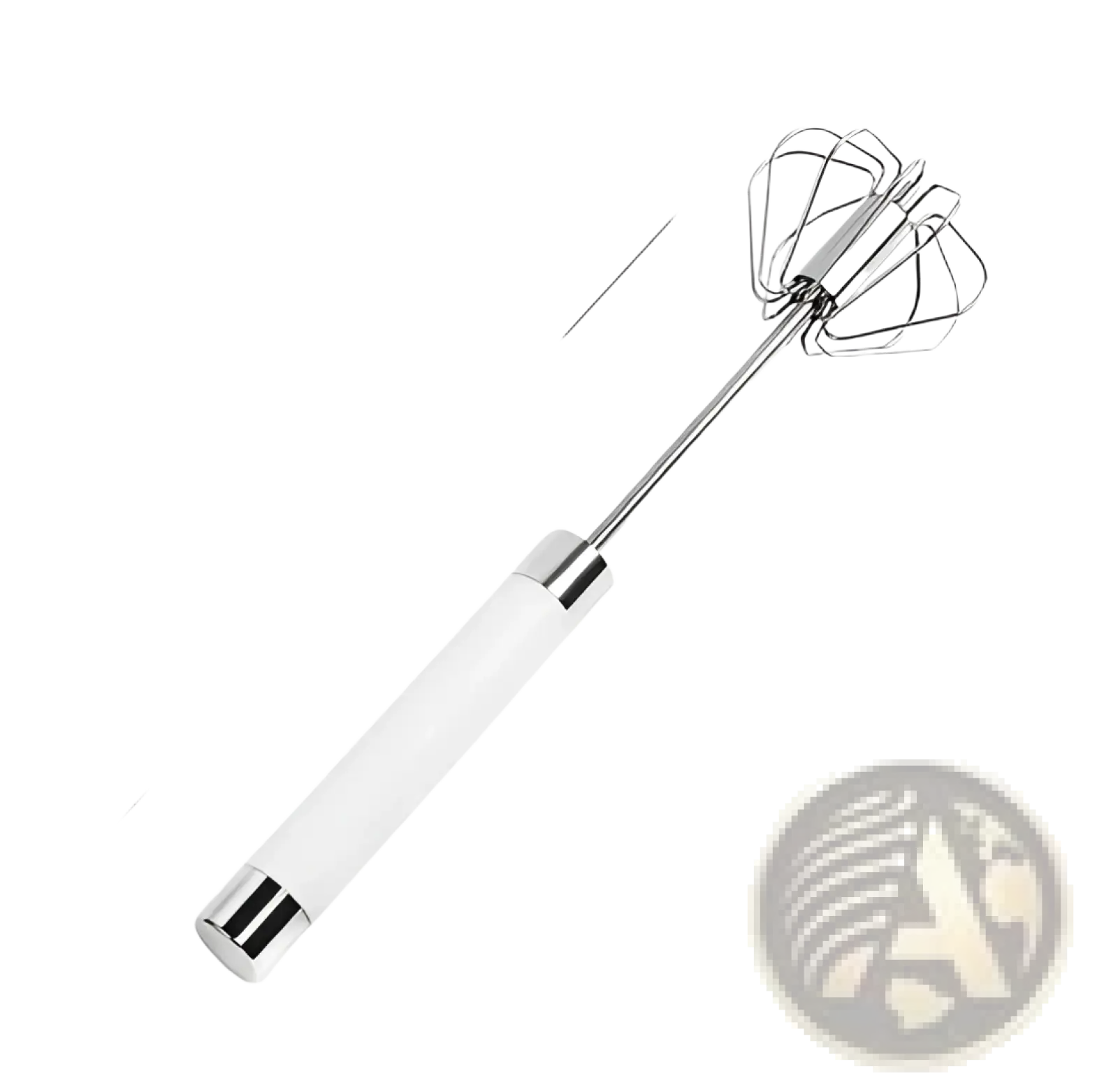 Stainless steel semi automatic rotating egg beater whisk with frosted white handle and chrome wire whisk head, 27.5cm long