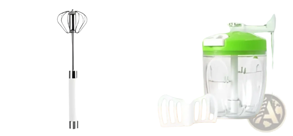 Green and clear plastic blender with white base alongside stainless steel semi automatic rotating egg beater whisk