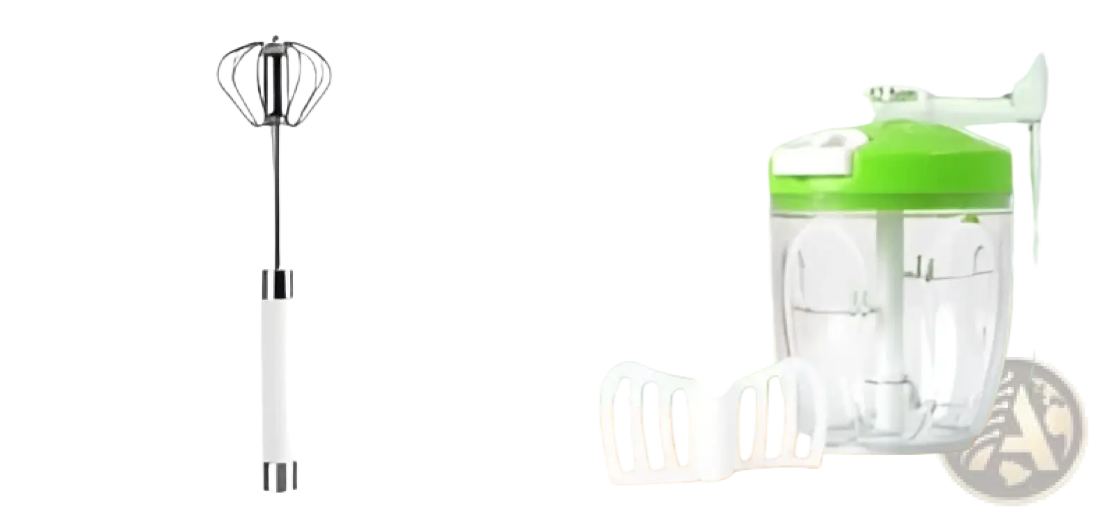 Green and clear plastic blender with white base alongside stainless steel semi automatic rotating egg beater whisk