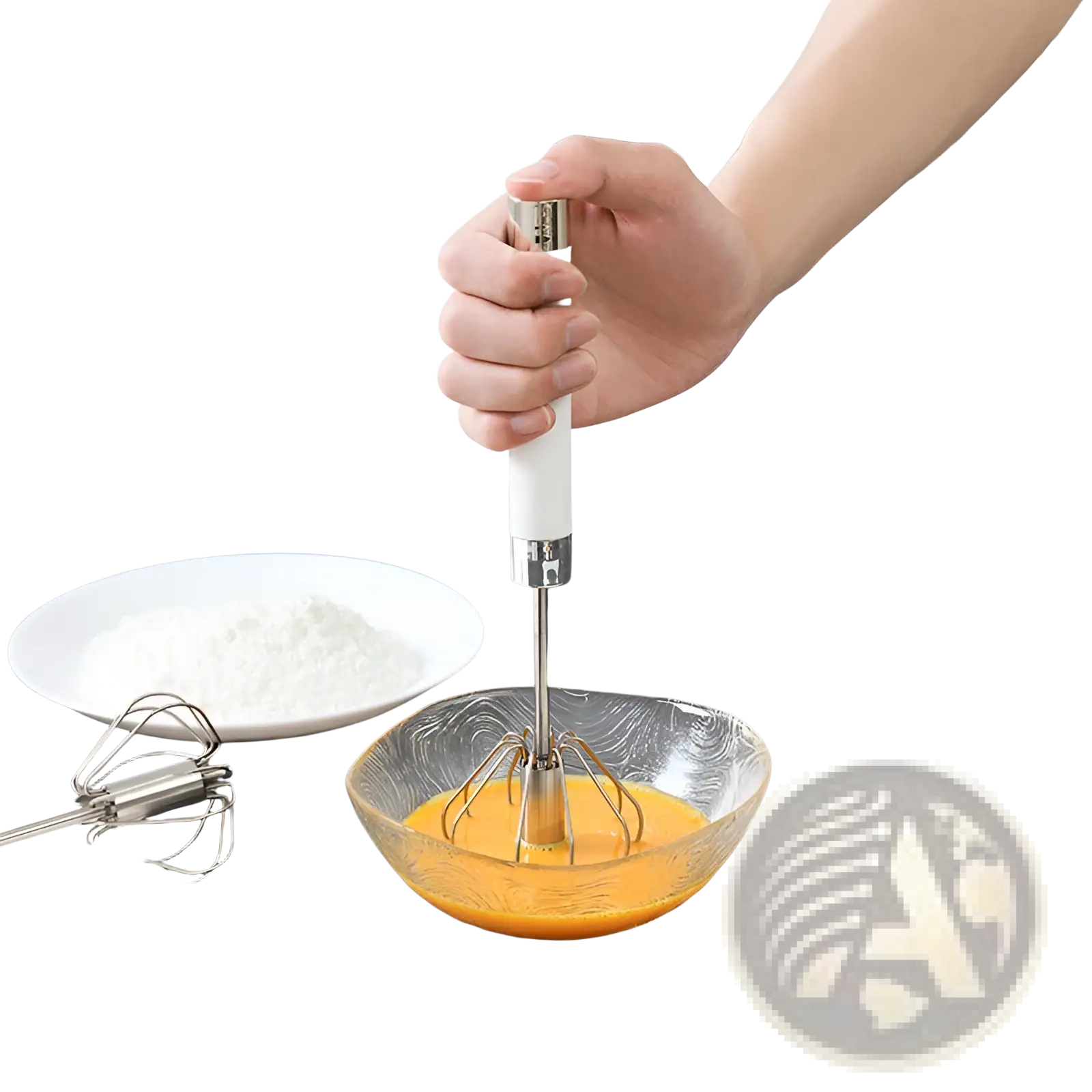 Stainless steel semi automatic rotating egg beater whisk with white handle and metallic whisk blending eggs in glass bowl