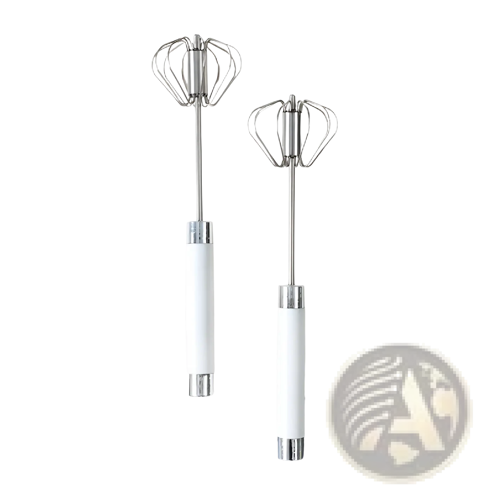 Two sleek white-handled stainless steel semi automatic rotating egg beater whisks with stainless steel whisks