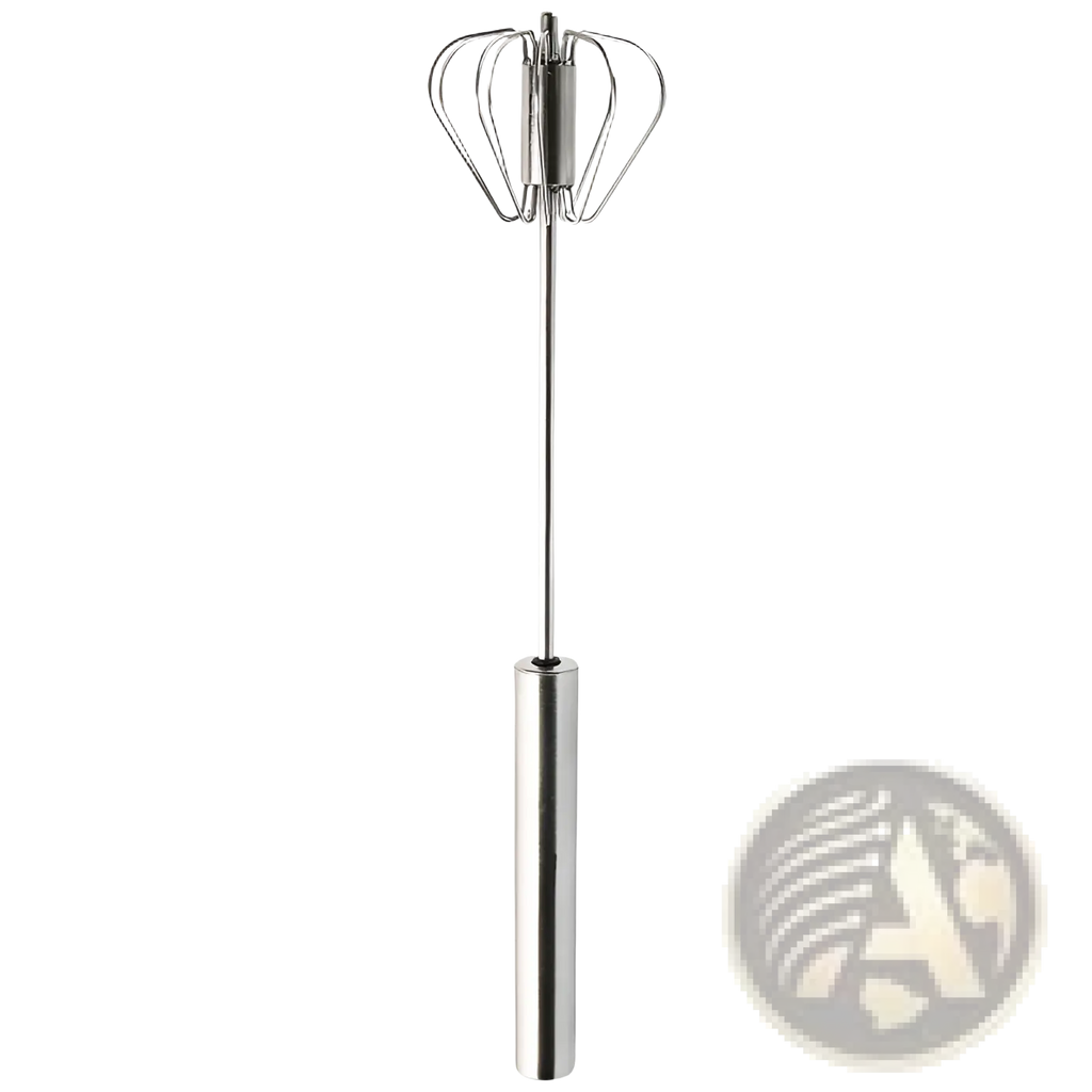 Stainless steel semi automatic rotating egg beater whisk with a sleek cylindrical handle and crown-shaped wire head