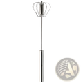 Stainless steel semi automatic rotating egg beater whisk with a sleek cylindrical handle and crown-shaped wire head