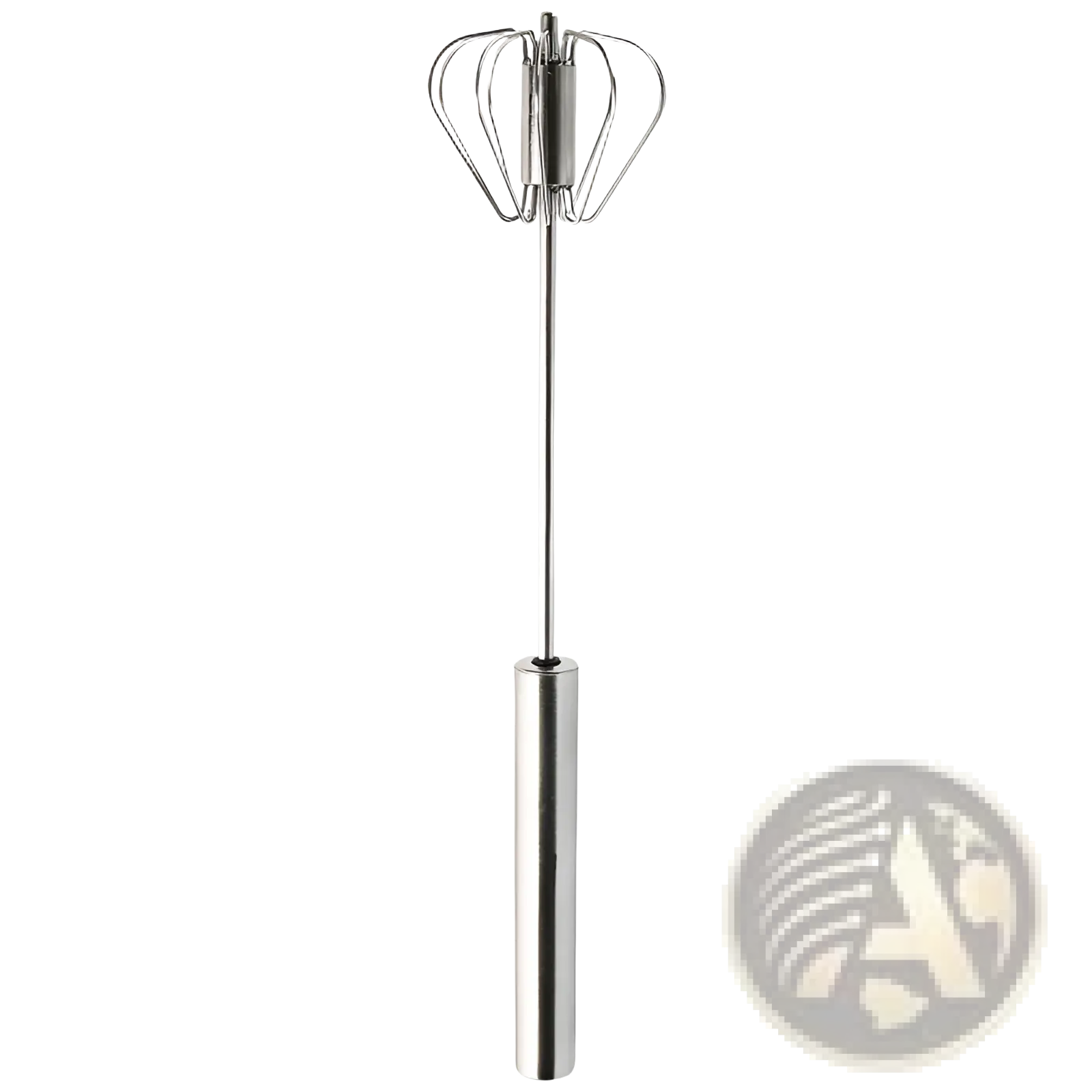 Stainless steel semi automatic rotating egg beater whisk with a sleek cylindrical handle and crown-shaped wire head