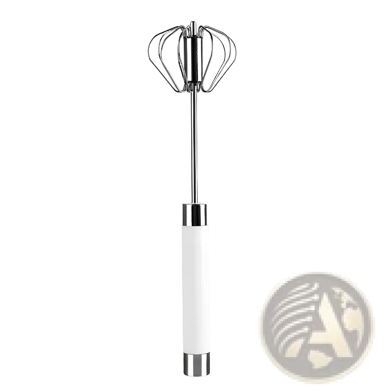 Stainless steel semi automatic rotating egg beater whisk with white handle chrome finish and crown shaped wire head