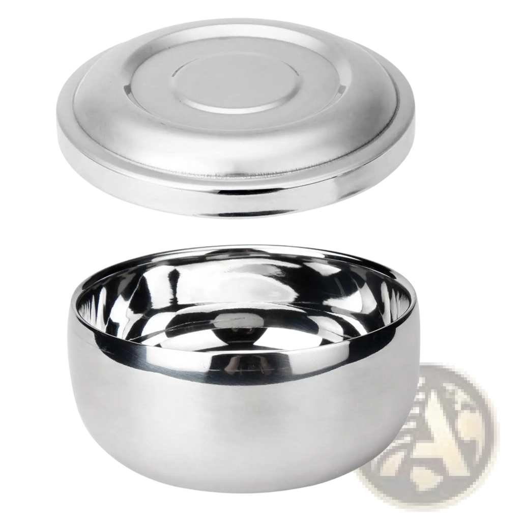 Shiny stainless steel round shaving soap bowl with matching lid designed for durable and hygienic use