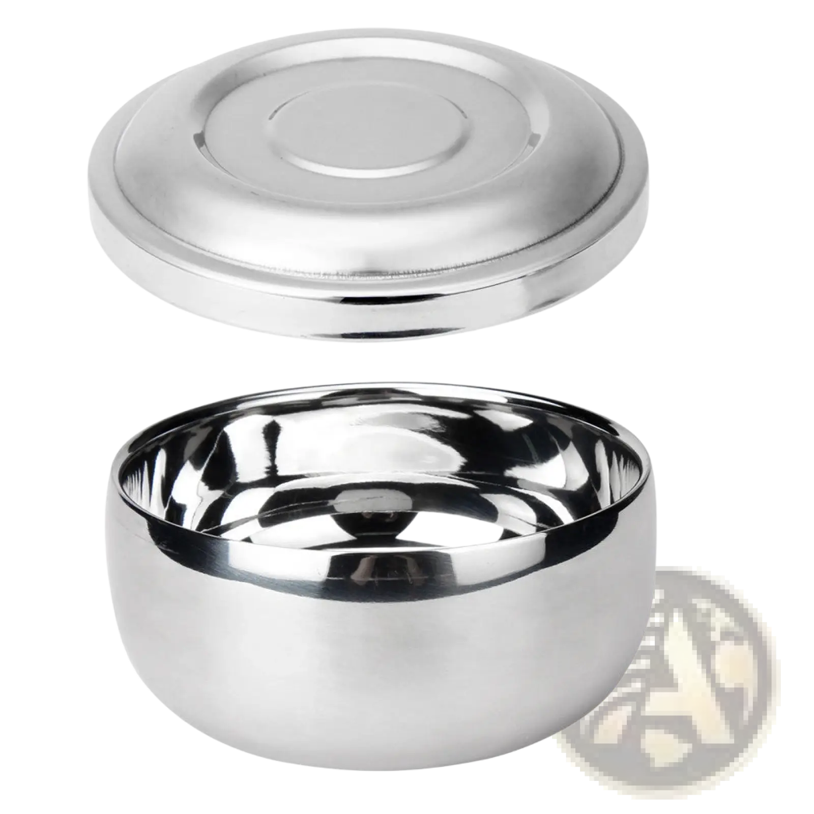 Shiny stainless steel round shaving soap bowl with matching lid designed for durable and hygienic use