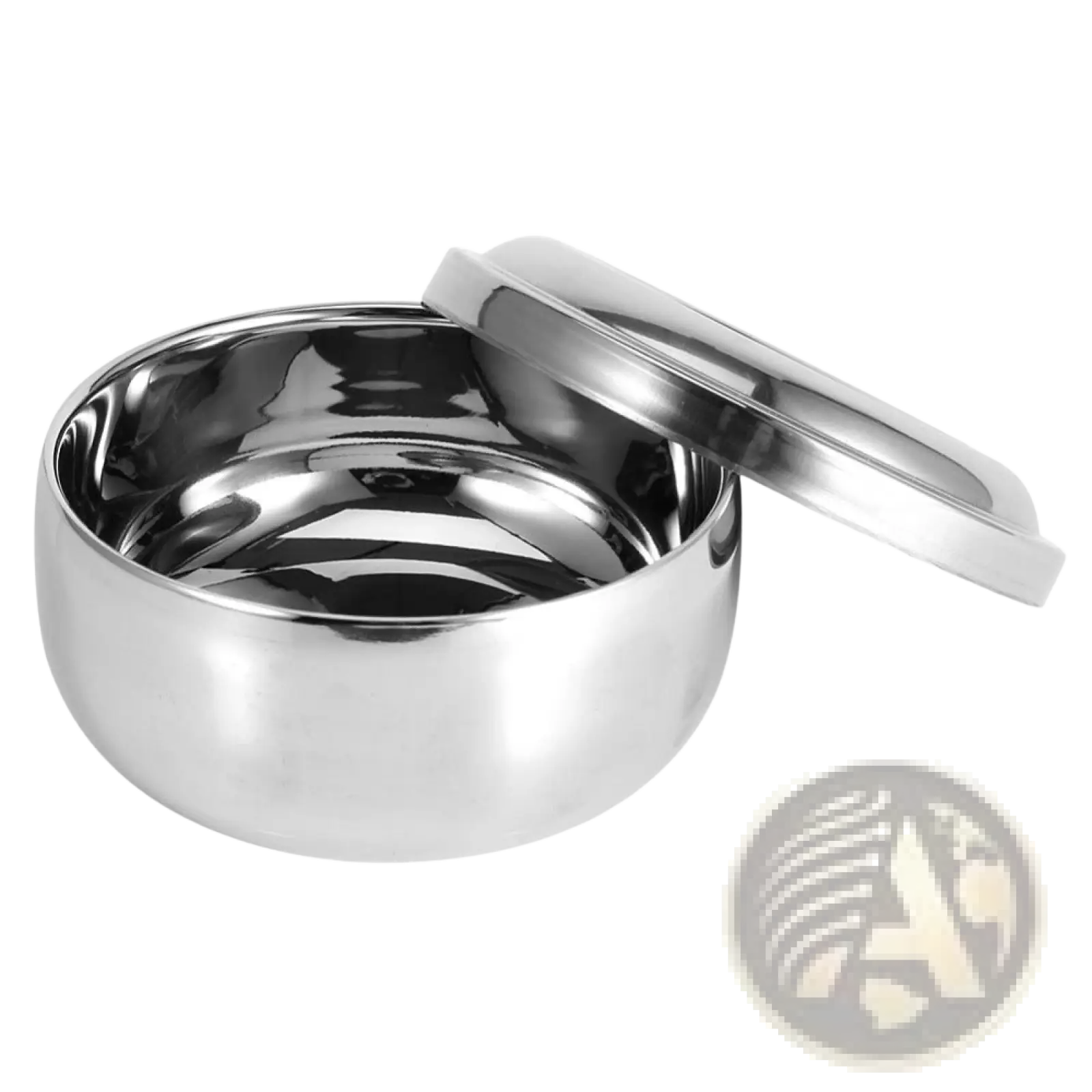 Shiny stainless steel round shaving soap bowl with matching lid for durable grooming storage and use
