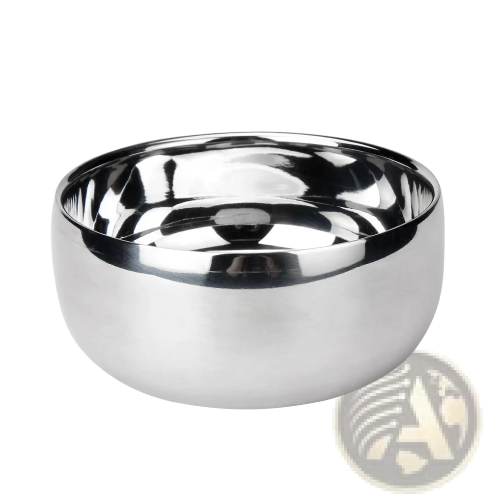 Stainless steel shaving soap bowl with lid featuring a shiny reflective interior and slightly flared rim