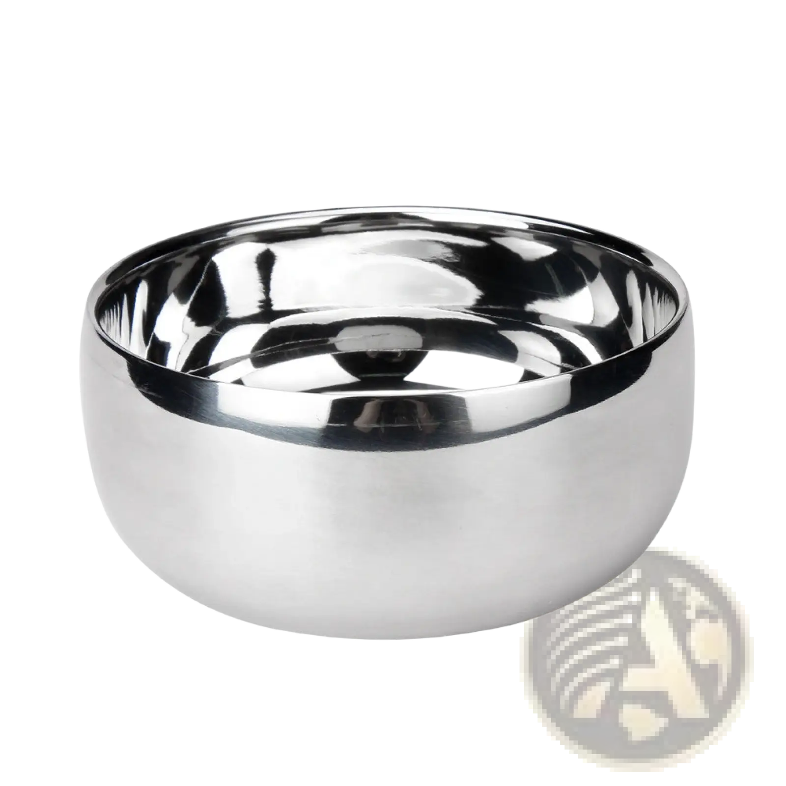 Stainless steel shaving soap bowl with lid featuring a shiny reflective interior and slightly flared rim