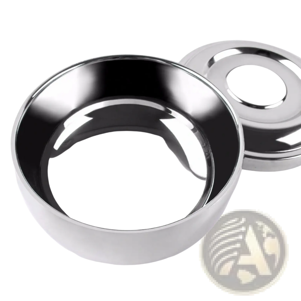 Stainless steel shaving soap bowl with lid in shiny silver round design for grooming and shaving use