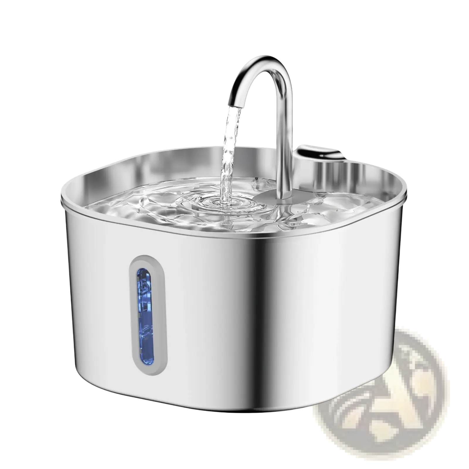 Stainless steel smart pet water fountain 2.2l with curved spout and blue illuminated water level indicator