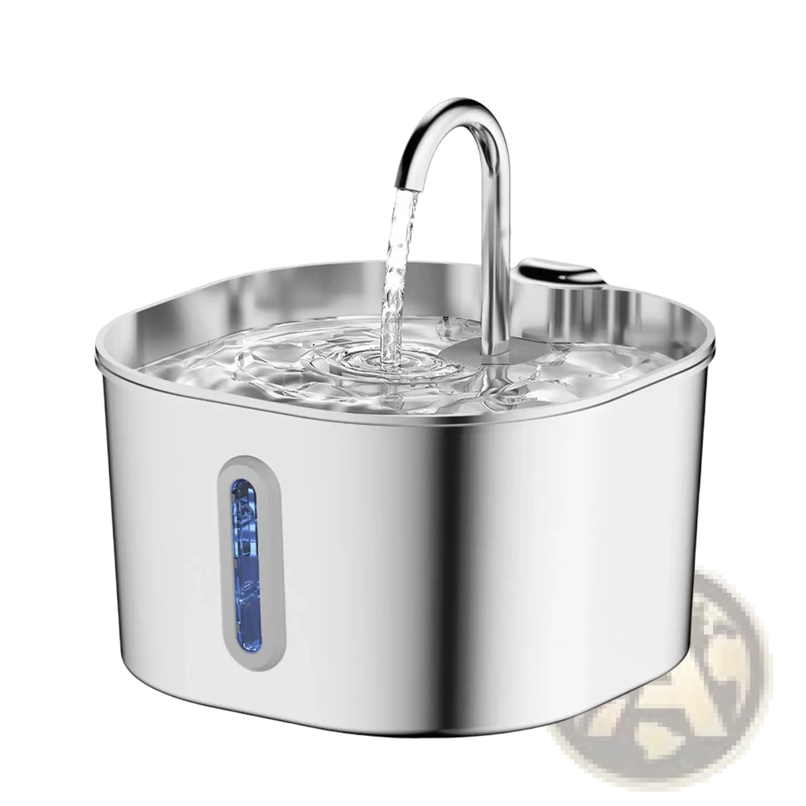 Stainless steel smart pet water fountain 2.2l with curved spout and blue LED indicator for pet hydration