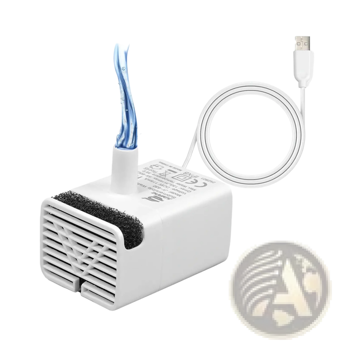 White rectangular usb-powered air pump with blue water outlet and black filter for stainless steel smart pet water fountain 2.2l