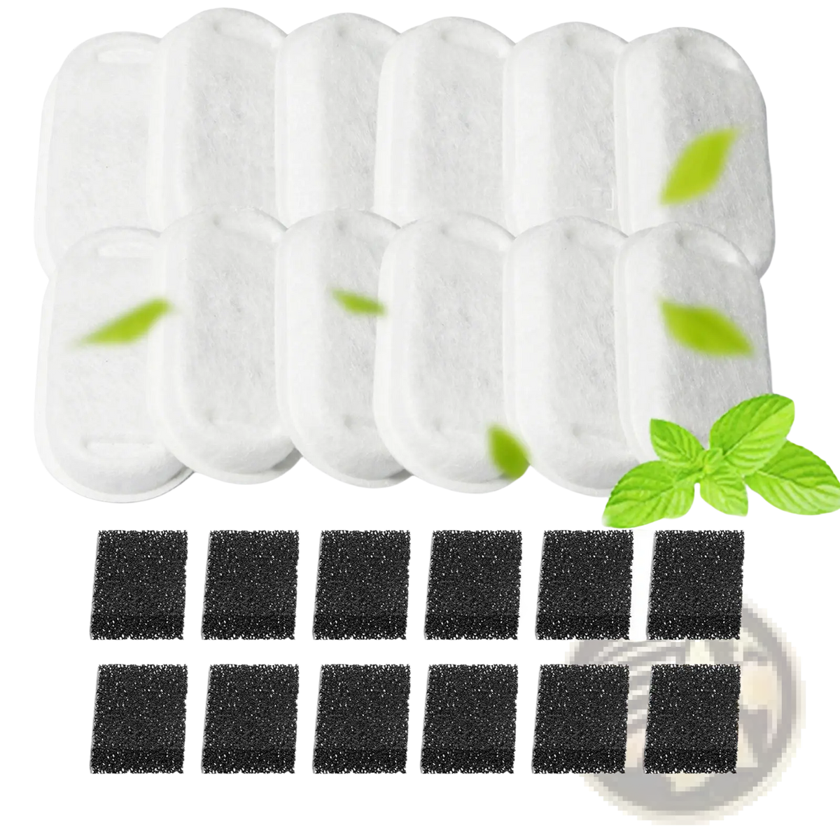 White oval-shaped filter cartridges with textured surface and black carbon blocks for stainless steel smart pet water fountain 2.2l