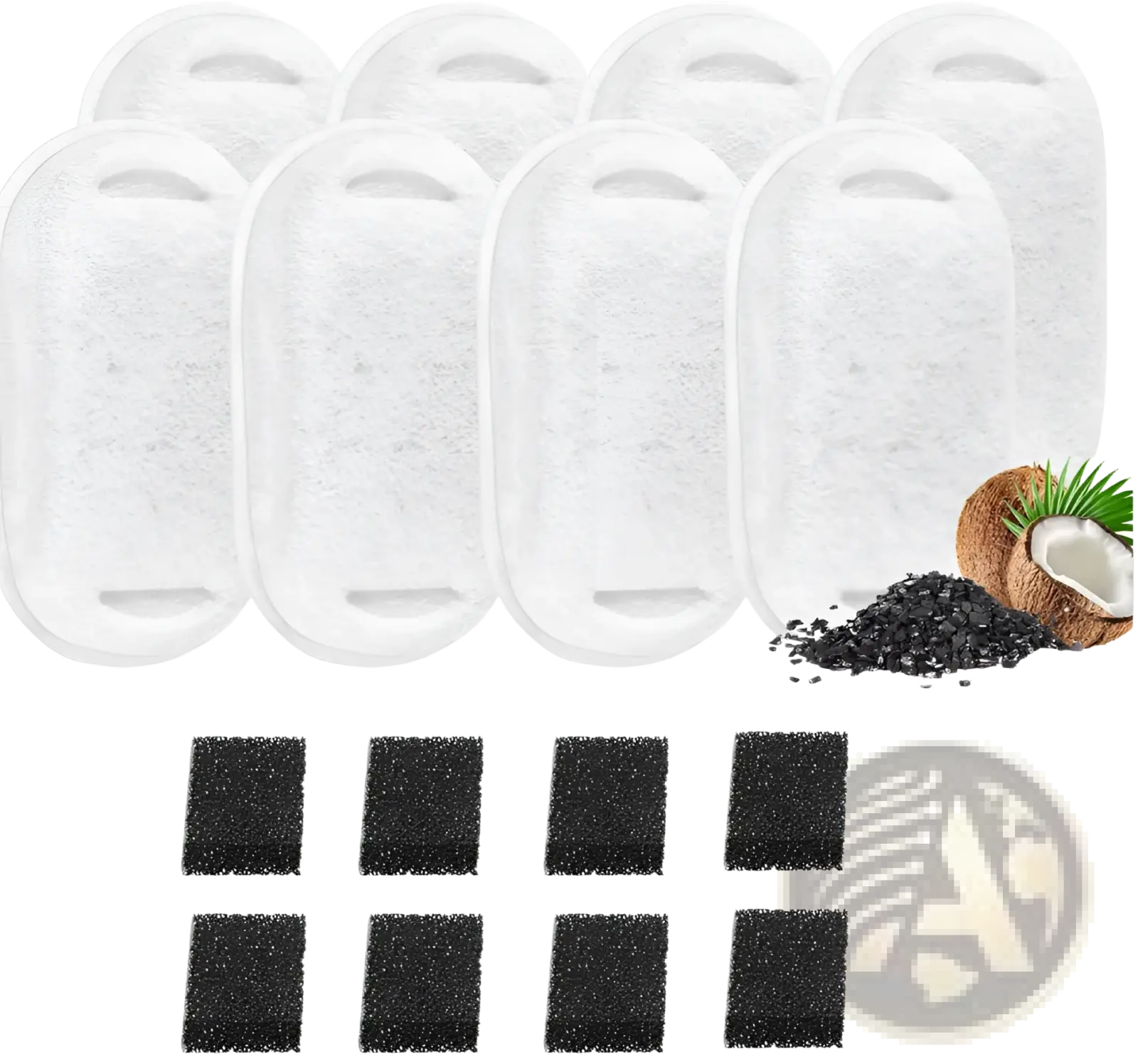 White oval-shaped coconut charcoal filter cartridges with black carbon blocks for stainless steel smart pet water fountain 2.2l