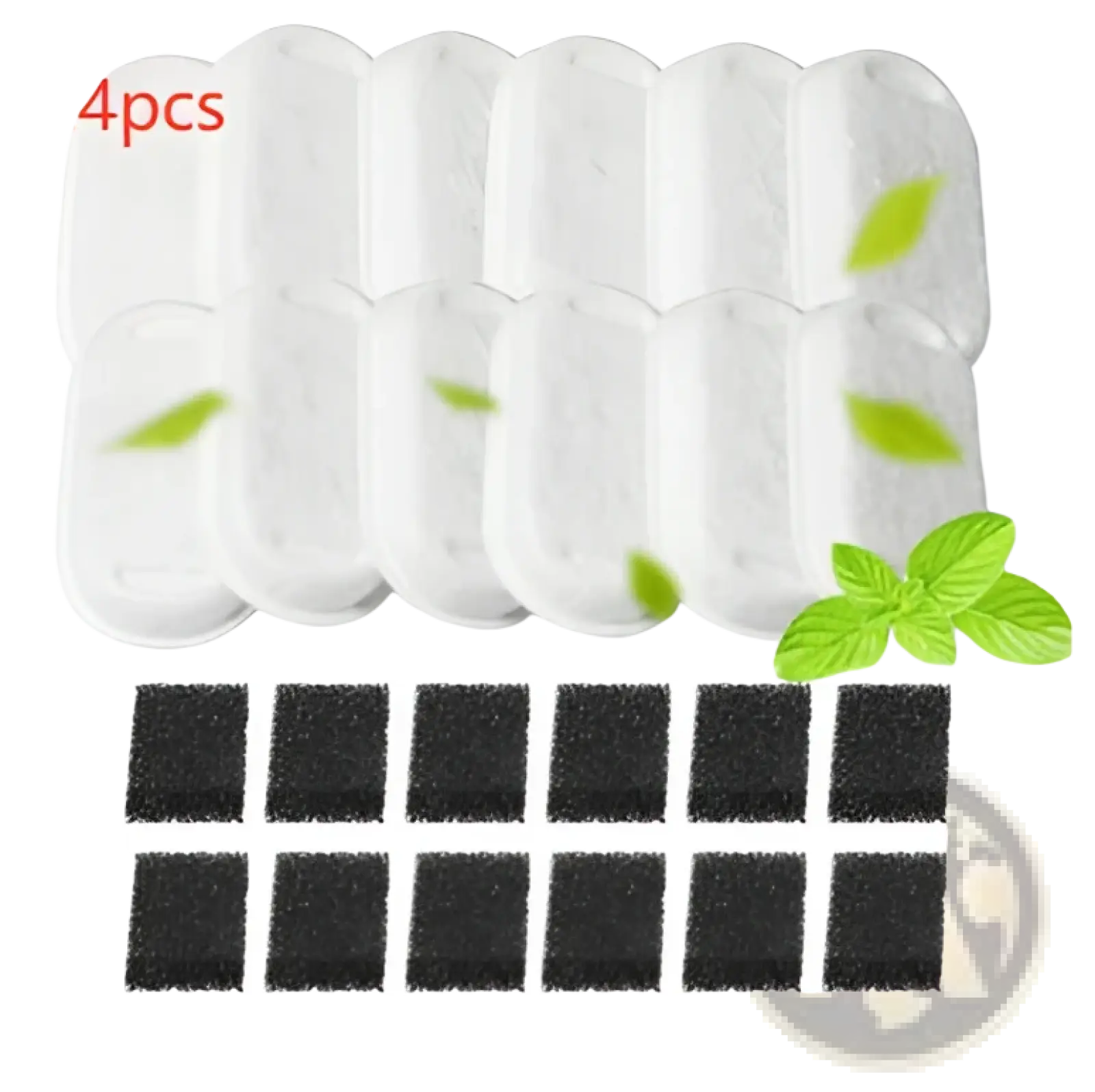 White oval-shaped filter pads with leaf design and black square filters for stainless steel smart pet water fountain 2.2l
