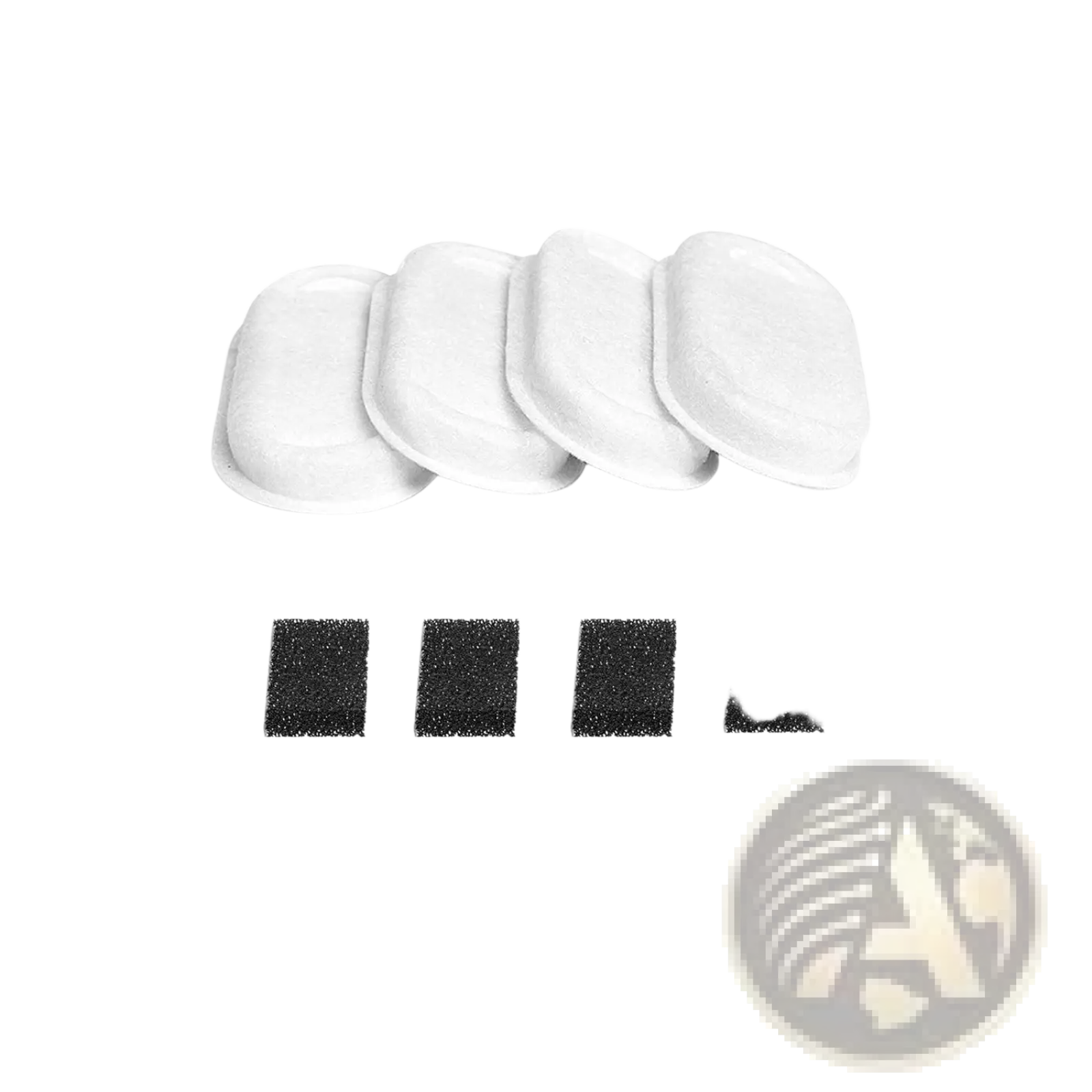 White oval-shaped foam earplugs with black adhesive pads shown alongside stainless steel smart pet water fountain 2.2l