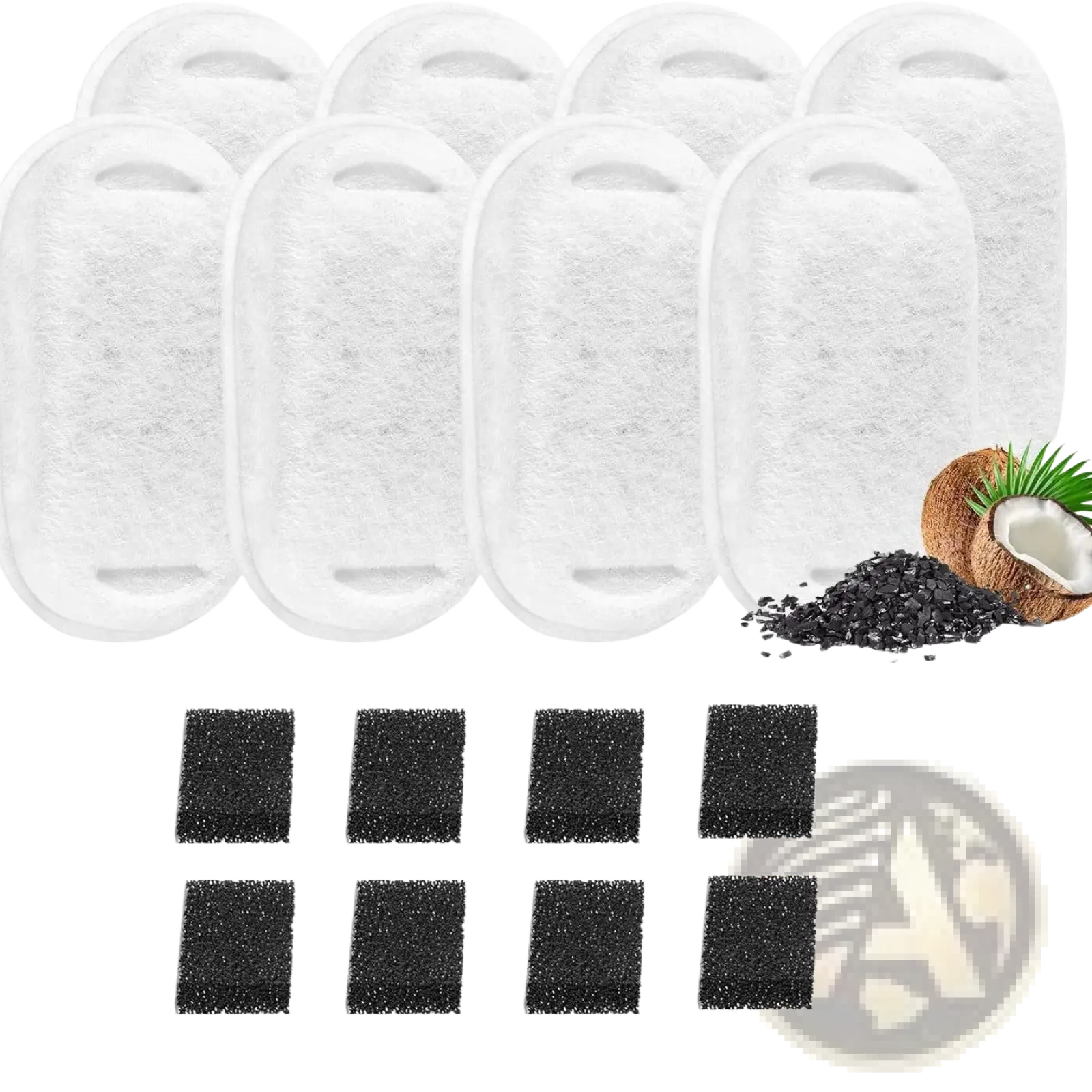 White oval stainless steel filter cartridges with black activated carbon squares beside coconut for smart pet water fountain