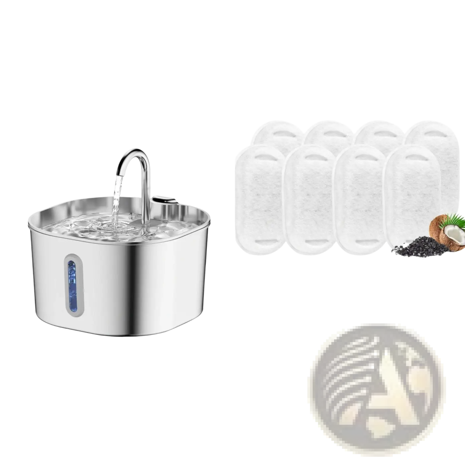 Stainless steel smart pet water fountain 2.2l with curved spout and blue liquid level indicator