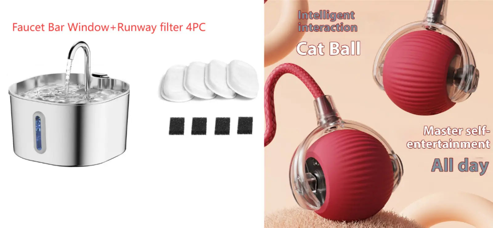 Red spherical cat ball with transparent plastic casing and textured surface for stainless steel smart pet water fountain 2.2l