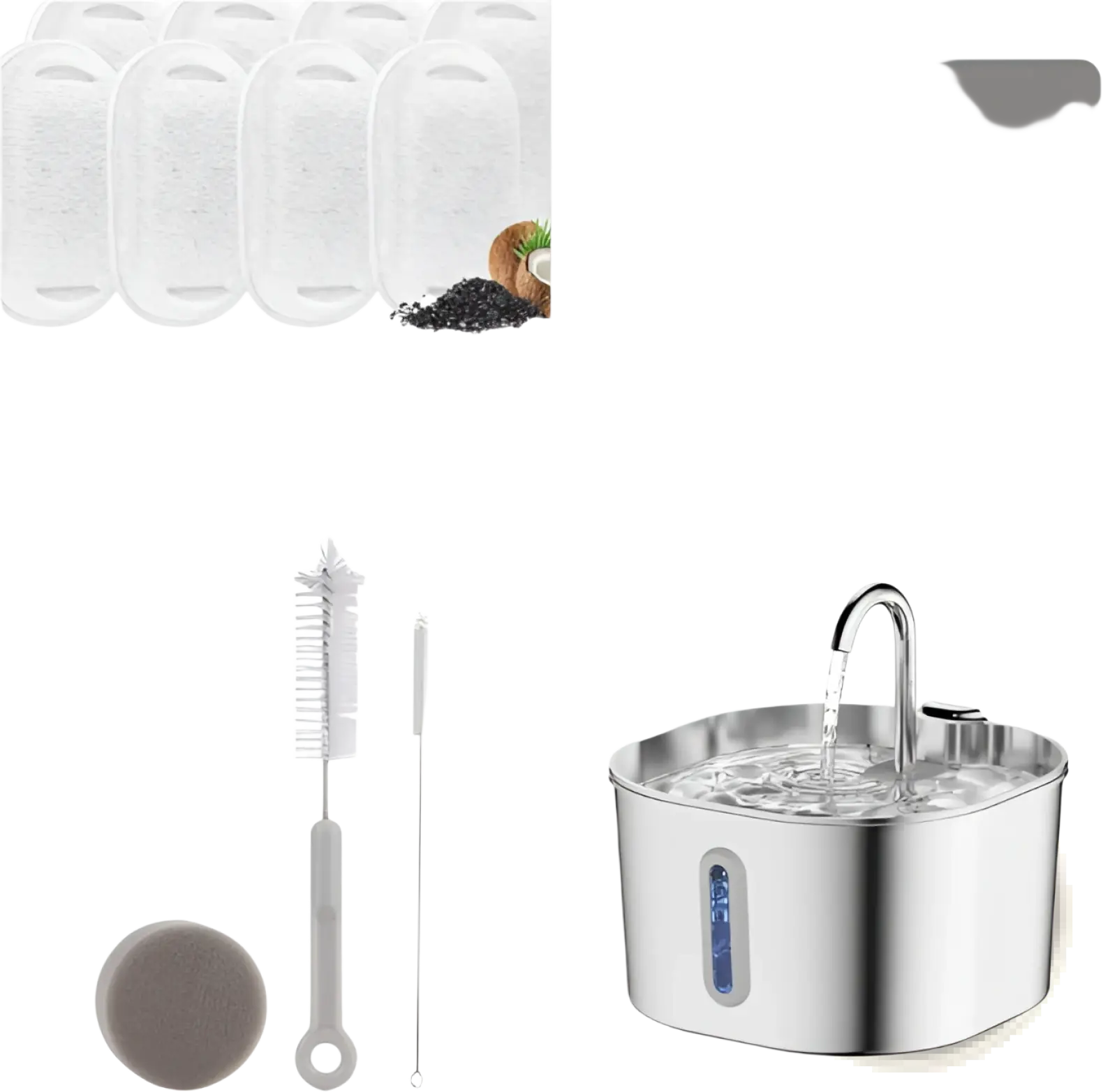 Silver stainless steel smart pet water fountain 2.2l with curved spout and blue illuminated side panel