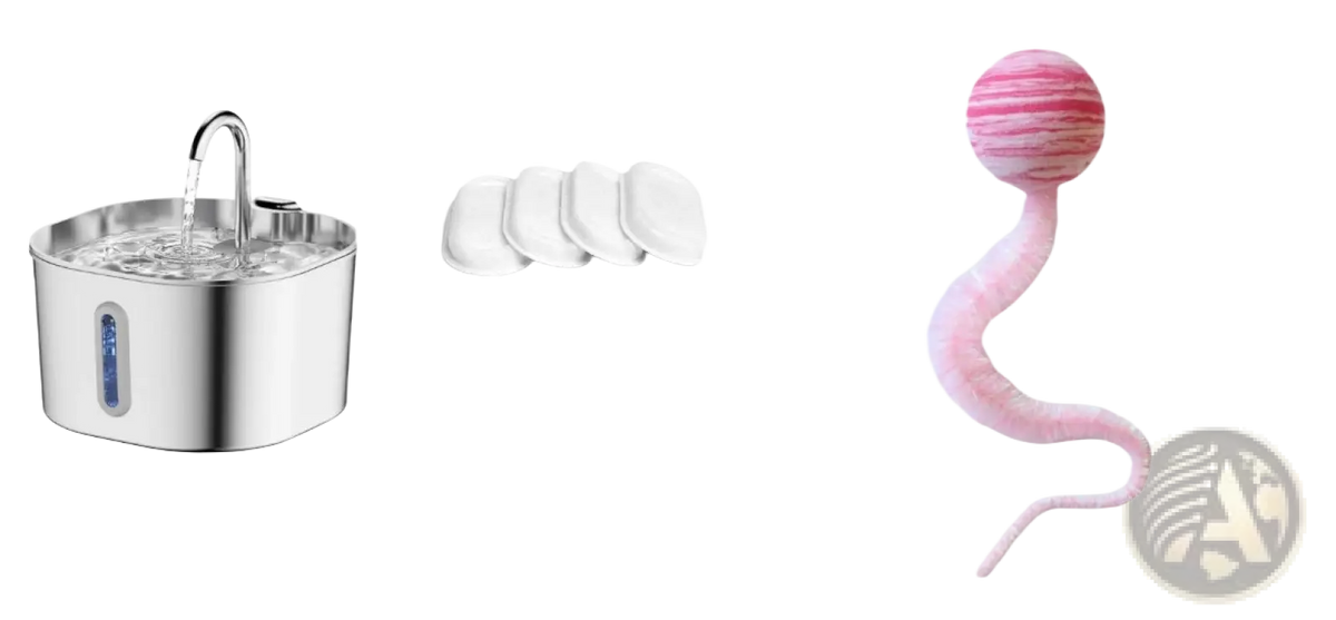 Pink and white striped cat toy with fuzzy tail next to a stainless steel smart pet water fountain 2.2l for pets