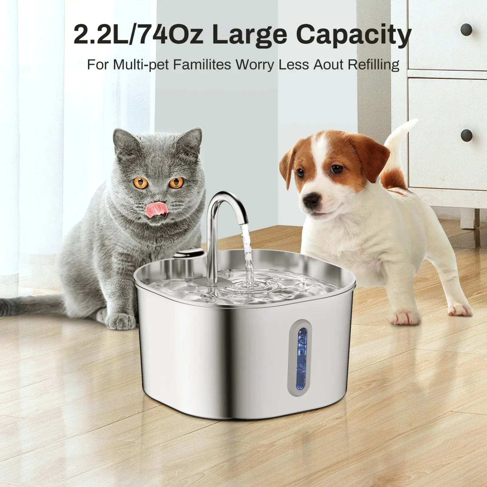 Stainless steel smart pet water fountain 2.2l with sleek modern design for multi-pet families