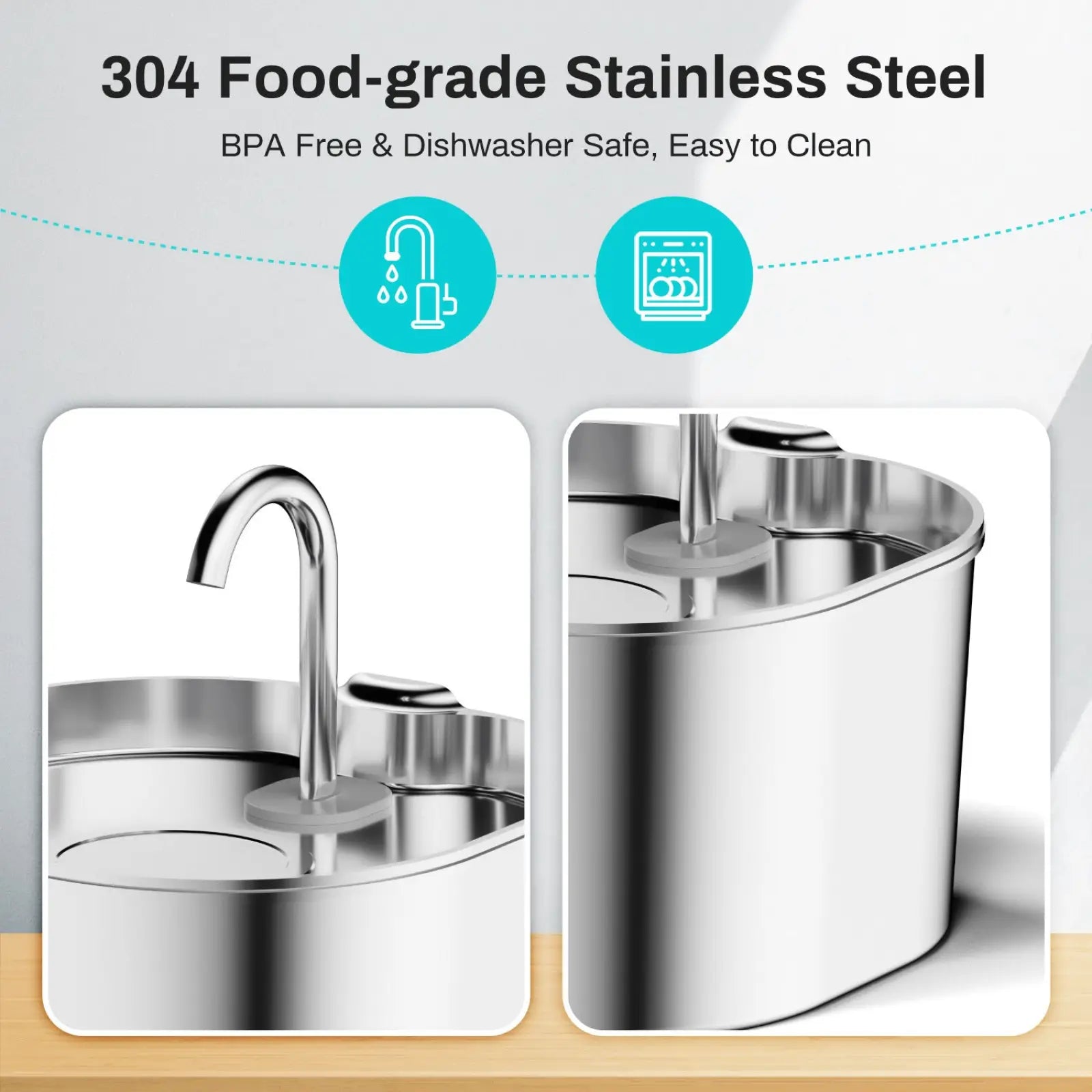 Shiny curved stainless steel smart pet water fountain 2.2l with sleek faucet and modern design for pets