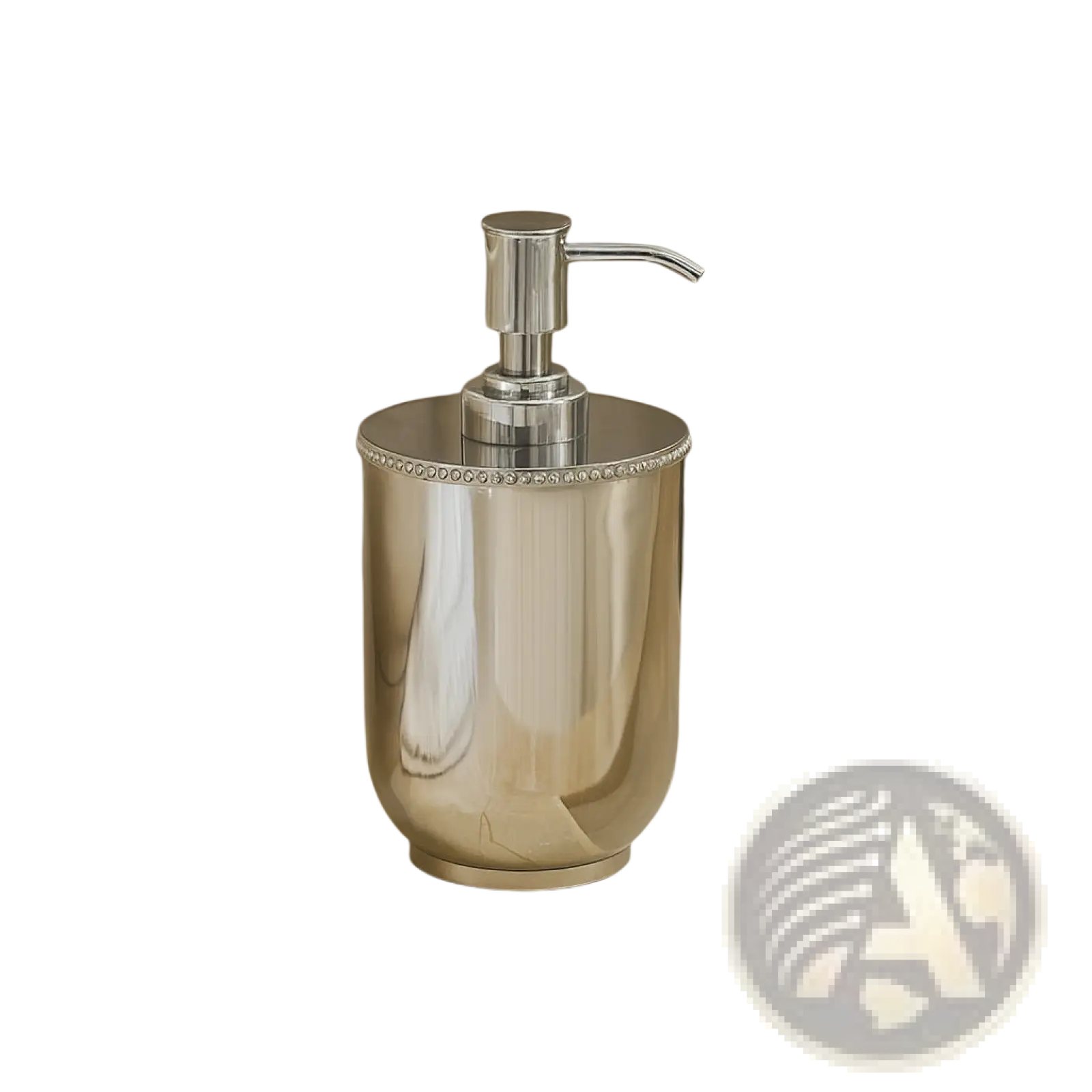 Stainless steel soap dispenser pump with shiny chrome finish and silver metallic beaded rim detail