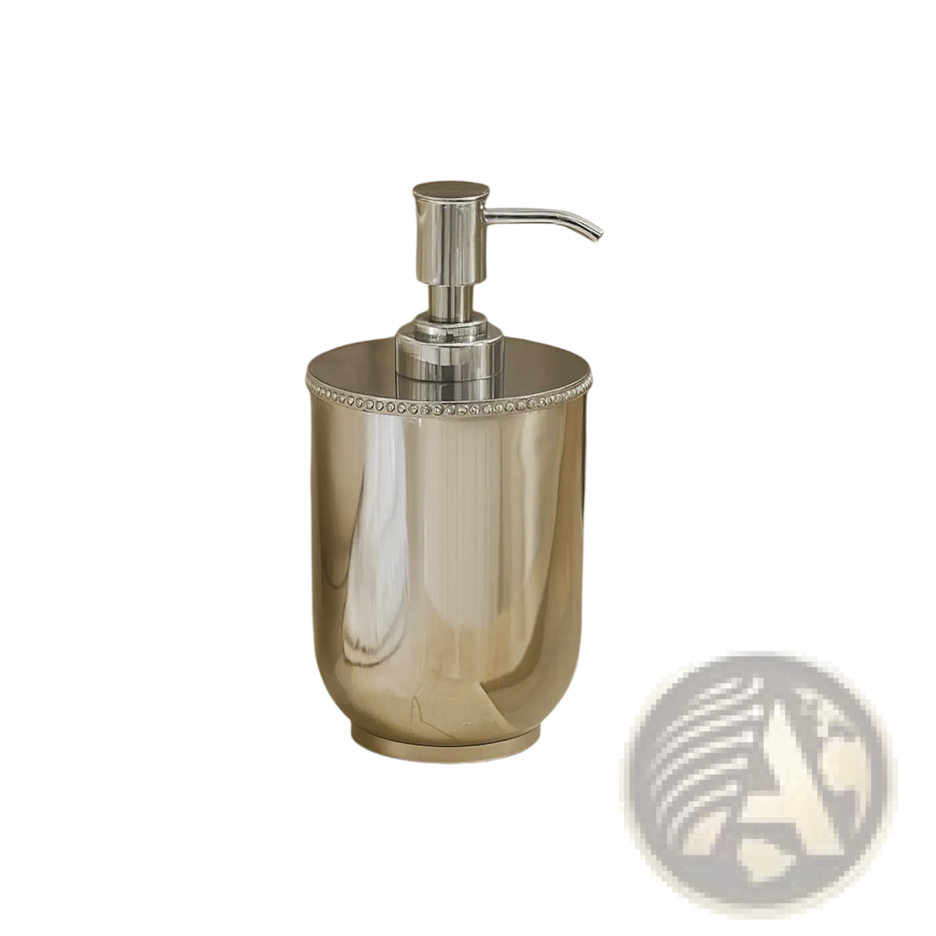 Stainless steel soap dispenser pump with shiny chrome finish and silver metallic beaded rim detail