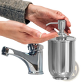 Chrome finished stainless steel soap dispenser pump with fluted cylindrical body and beaded rim for bathroom use