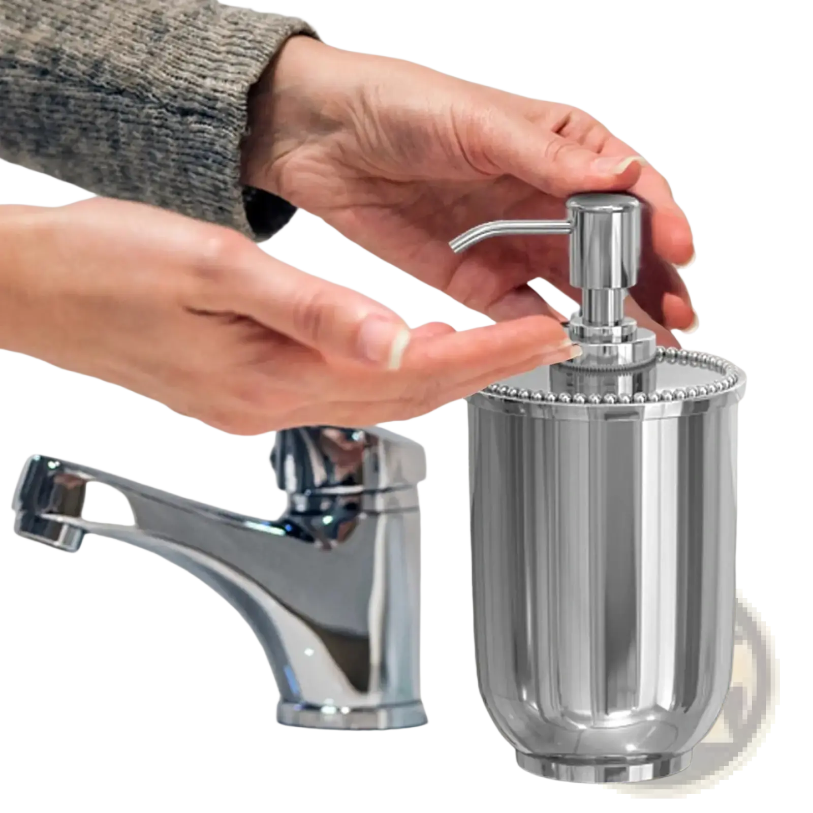 Chrome finished stainless steel soap dispenser pump with fluted cylindrical body and beaded rim for bathroom use
