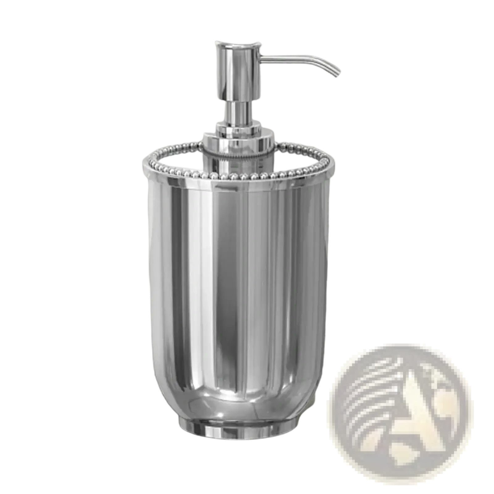 Stainless steel soap dispenser pump with chrome finish featuring a beaded rim and sleek ribbed cylindrical body