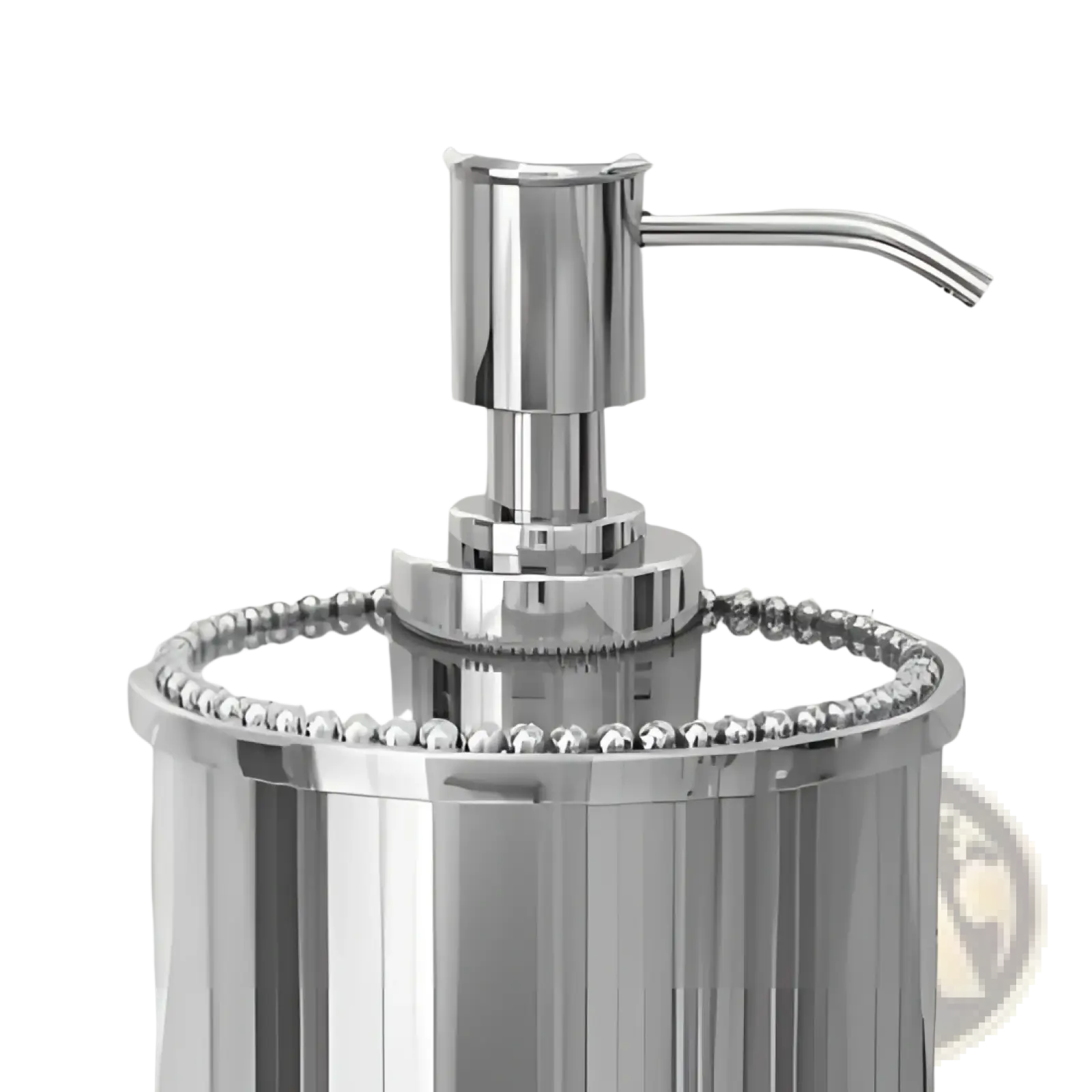 Stainless steel soap dispenser pump with chrome finish and beaded rim featuring a sleek modern design